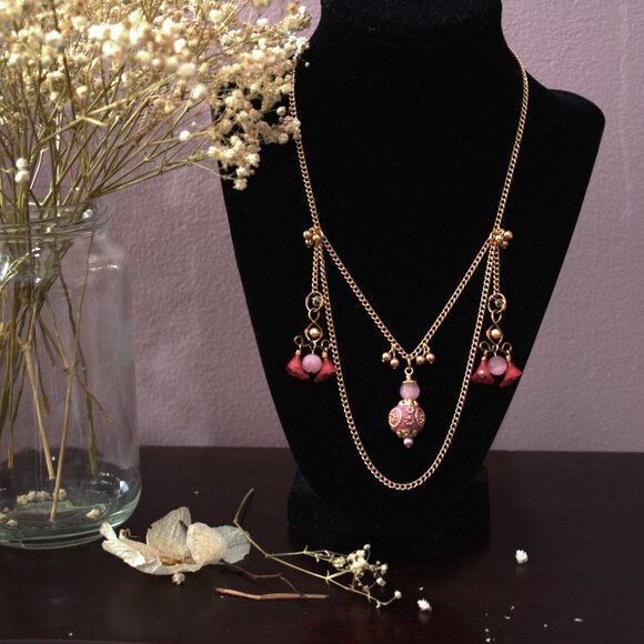 Brass Chain Pink Flower Necklace - Picture 1 of 5